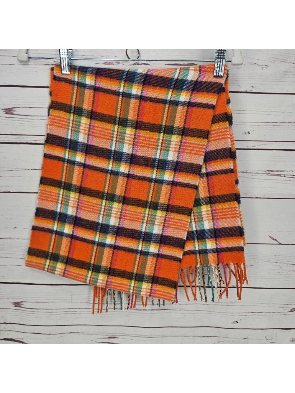 Vintage Payless Shoe Source Plaid Fringe Scarf Orange Multicolor Acrylic